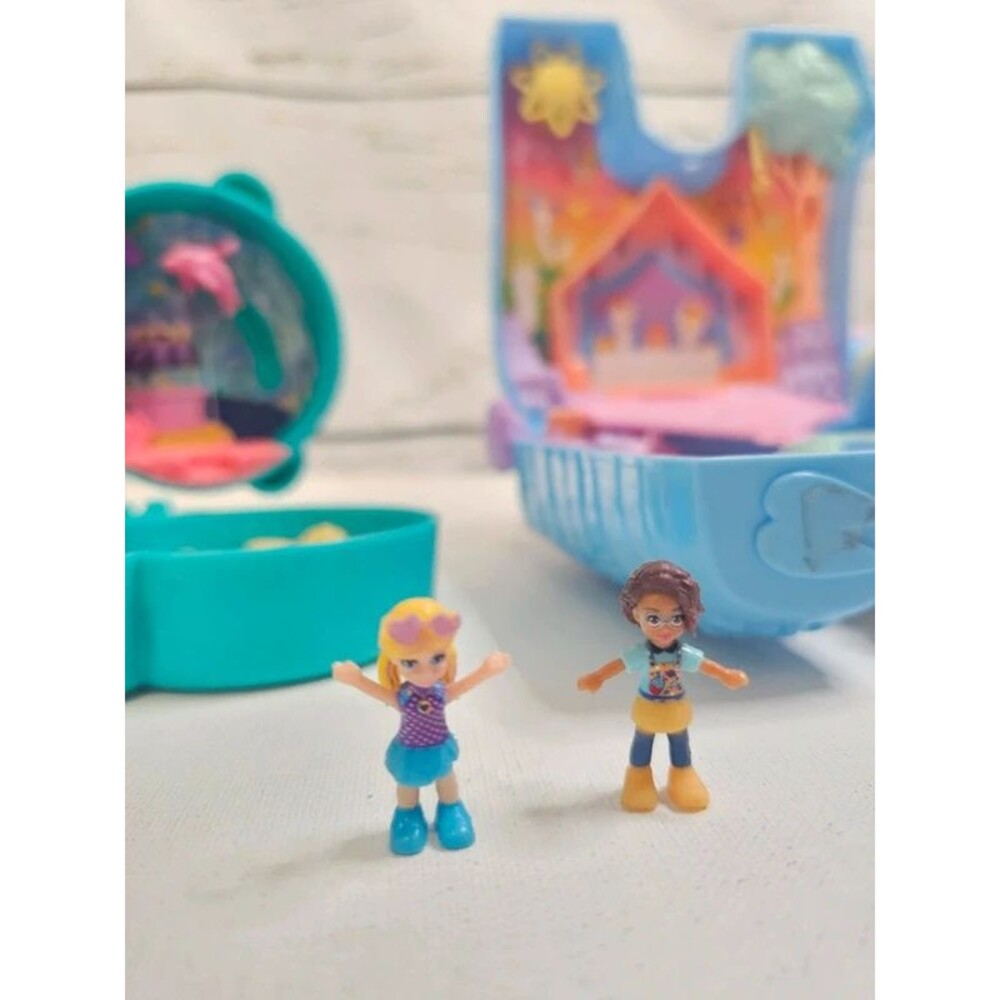 Polly Pocket Playset Lot Llama Party Otter Aquarium + 2 Dolls